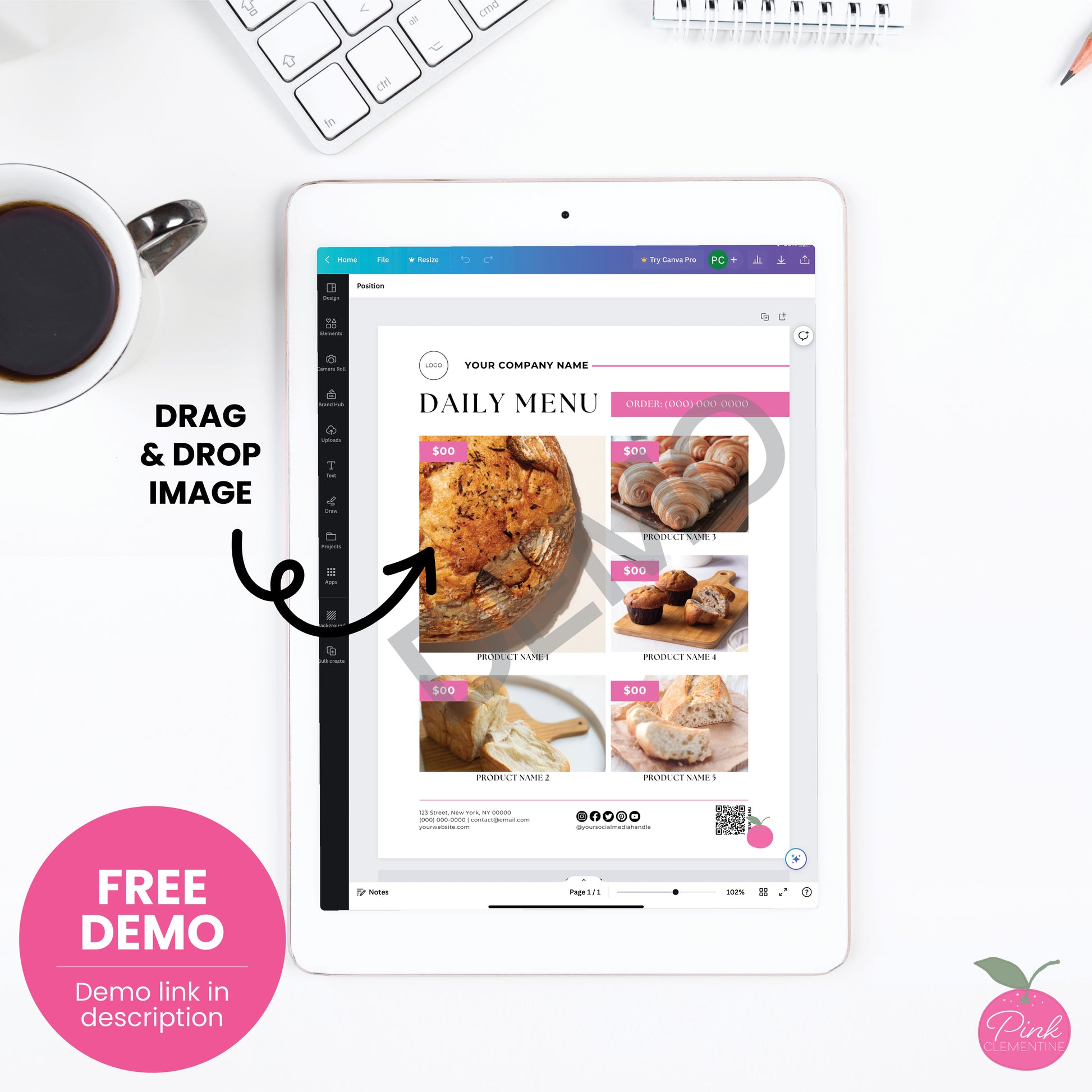 Bakery daily menu flyer displayed as free editable demo Canva template. Add photos via drag & drop.