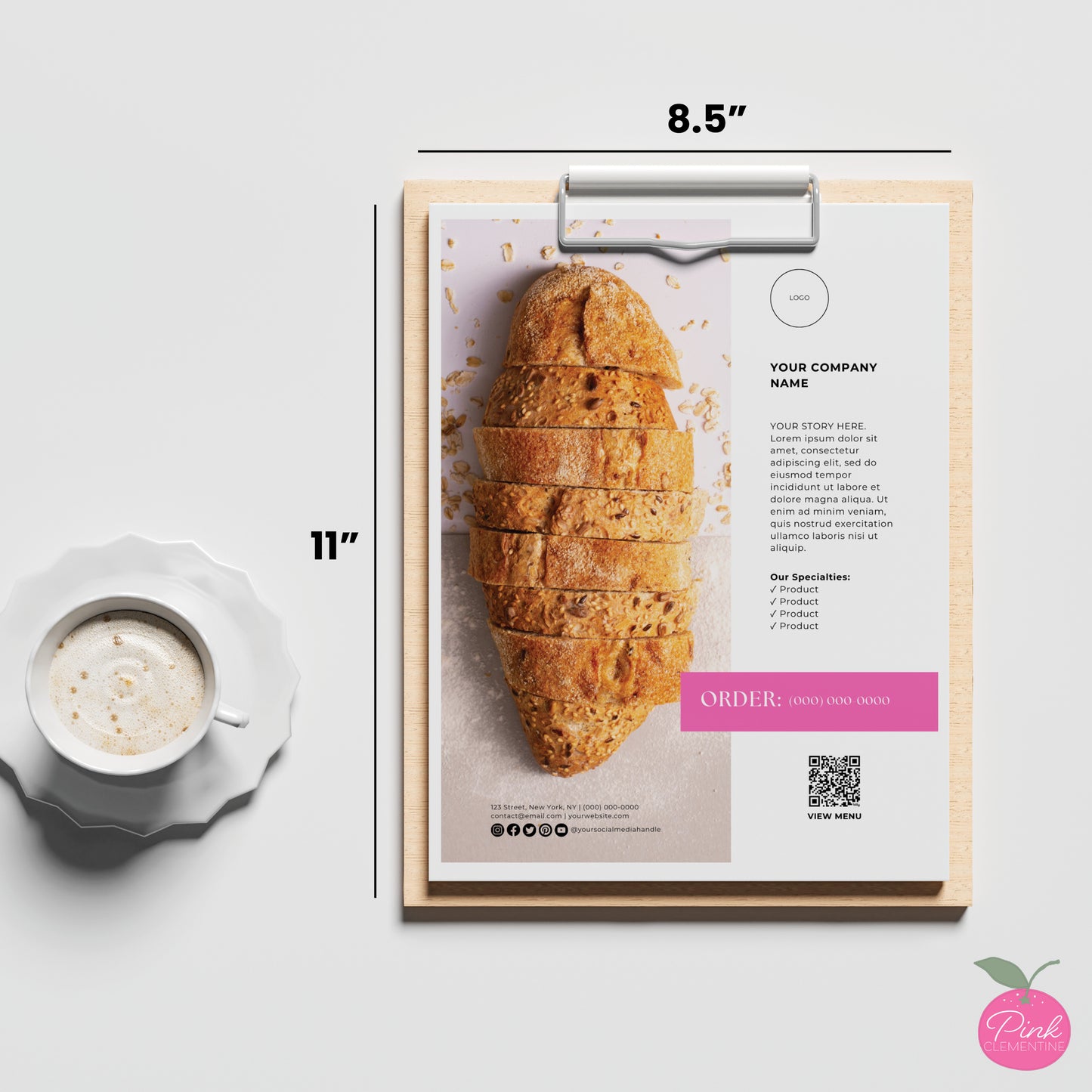 Bakery "about company/product" editable flyer. 8.5"x11" template dimensions indicated.