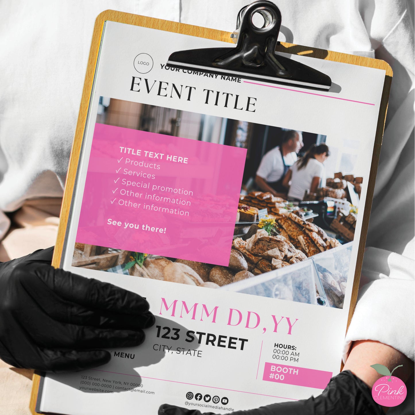 Bakery events editable flyer template on clipboard held by female baker.