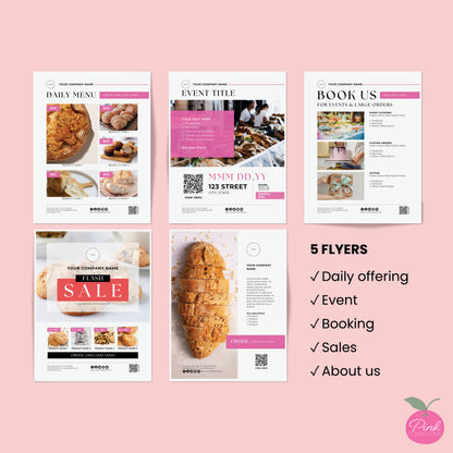 Bakery flyers in matching minimalist design. 5 editable templates included: daily menu, event, booking, sale, & about us. 