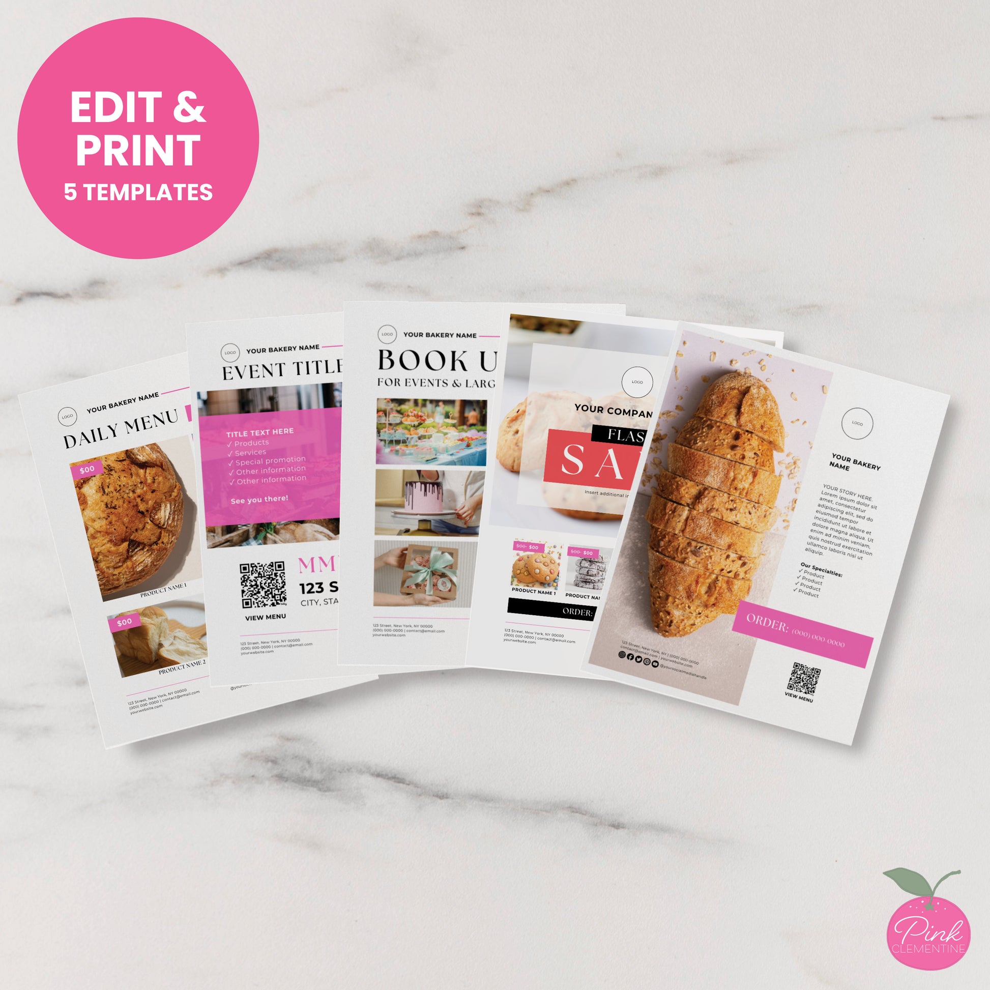 Bakery flyer bundle with editable templates for daily menu, special event, booking, sale, and about company/product.