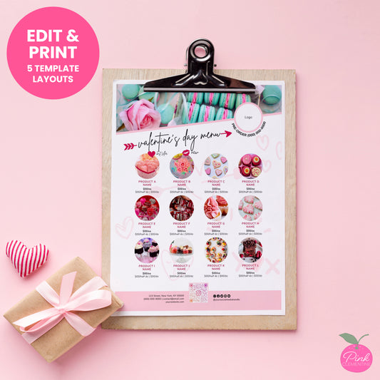 Bakery menu featuring pink doodles with editable fields for product name, photos, description, and pricing.