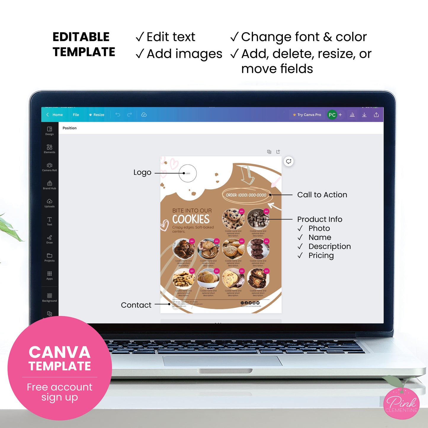 Cookie menu featuring bitten cookie shape design displayed as Canva template with editable fields indicated.