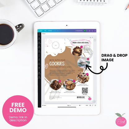 Cookie menu featuring bitten cookie design displayed as free editable demo Canva template. Add photos via drag & drop. 