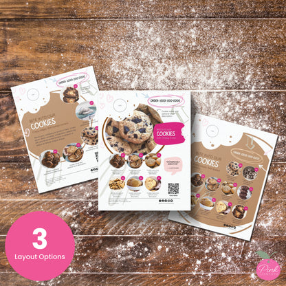 Cookie menus featuring doodles and bitten cookie shape. 3 editable templates included: layouts for 5, 7 & 10 products.