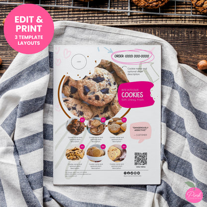 Cookie menu template featuring doodles and abstract shapes. Editable fields include product name, photo, and price.