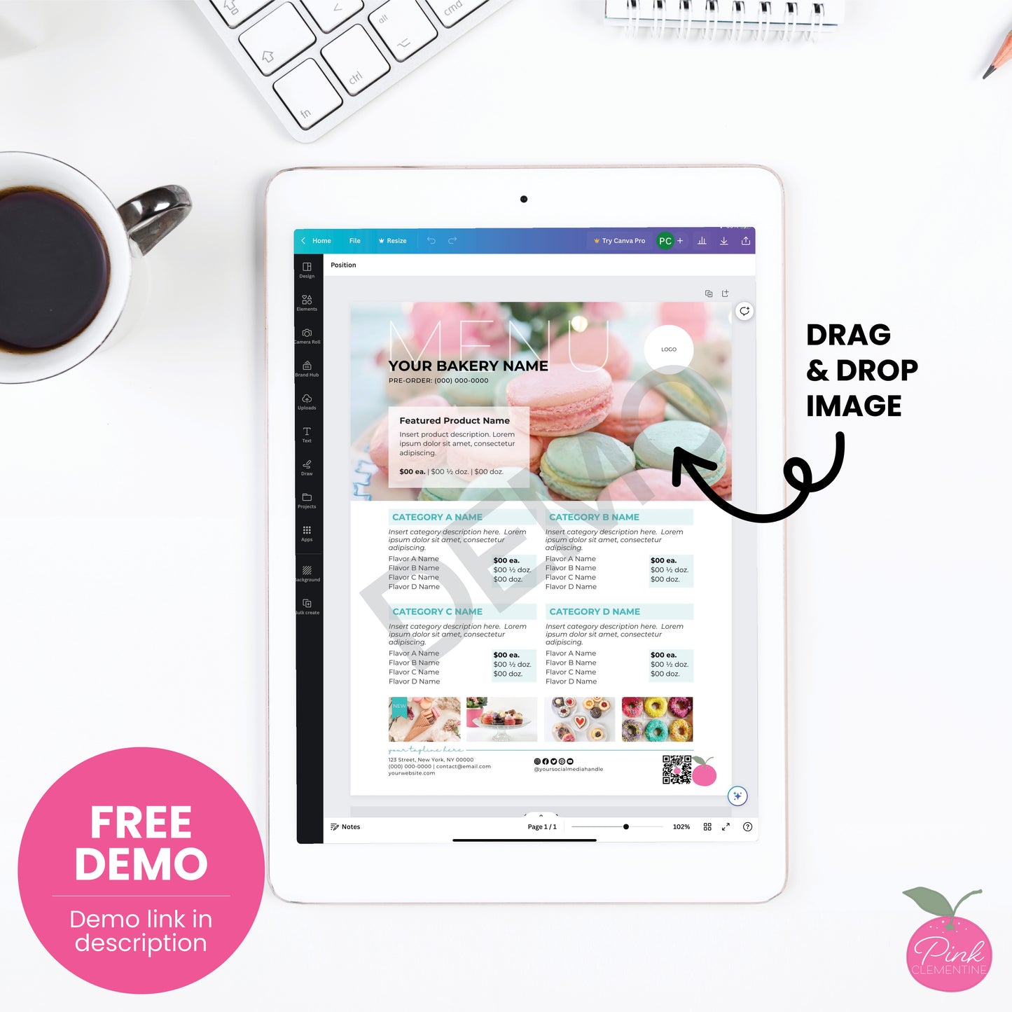 Bakery menu organizing products by collection displayed as free editable demo Canva template. Add photos via drag & drop.