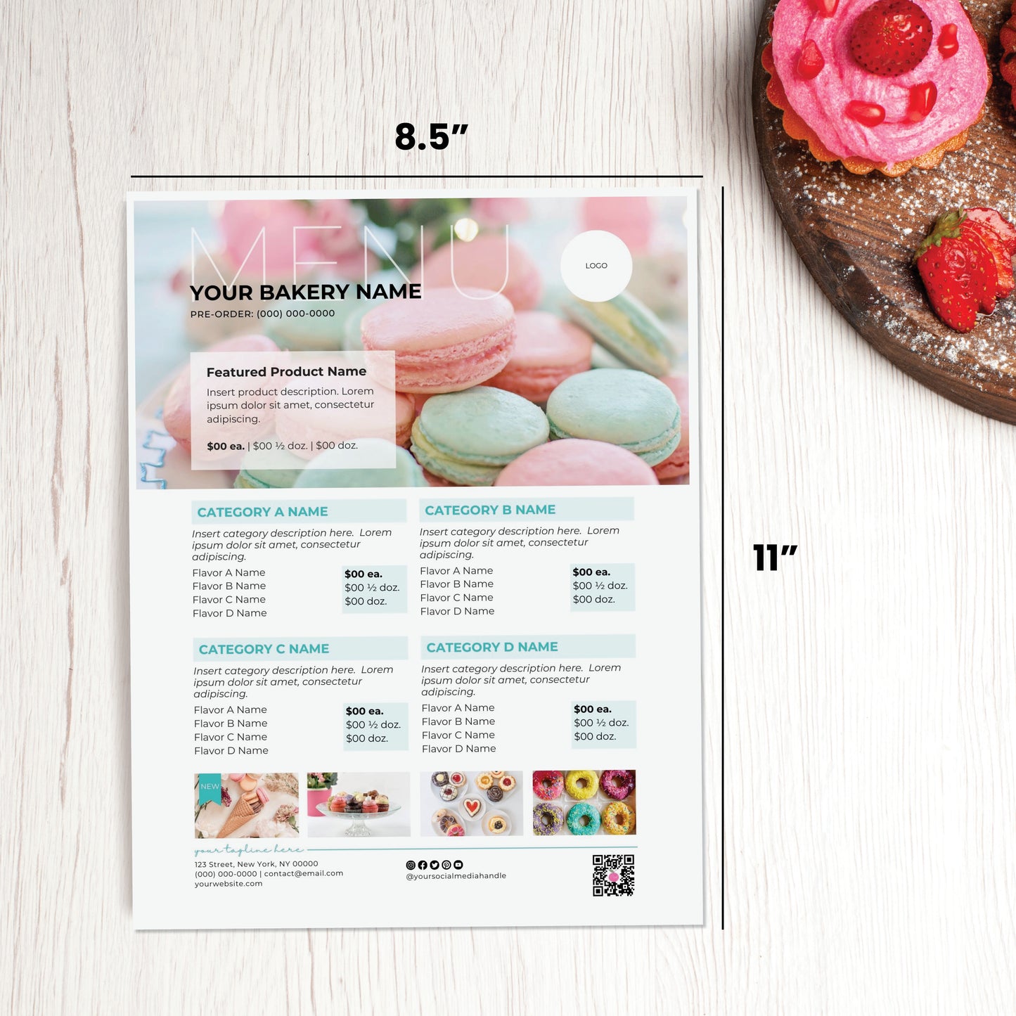 Bakery menu template organizing products by collection. 8.5"x11" template dimensions indicated.