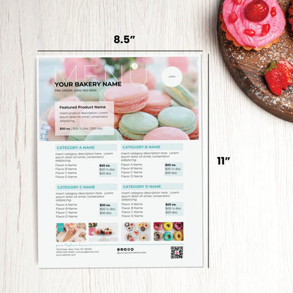 Bakery menu template organizing products by collection. 8.5"x11" template dimensions indicated.