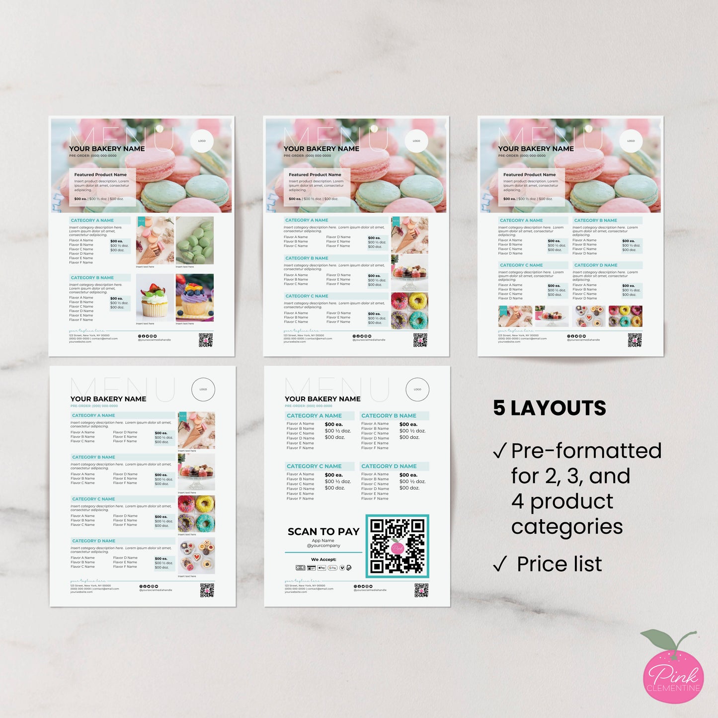 Bakery menus. 5 editable templates included: layouts organizing products into 2, 3 & 4 collections, price list.