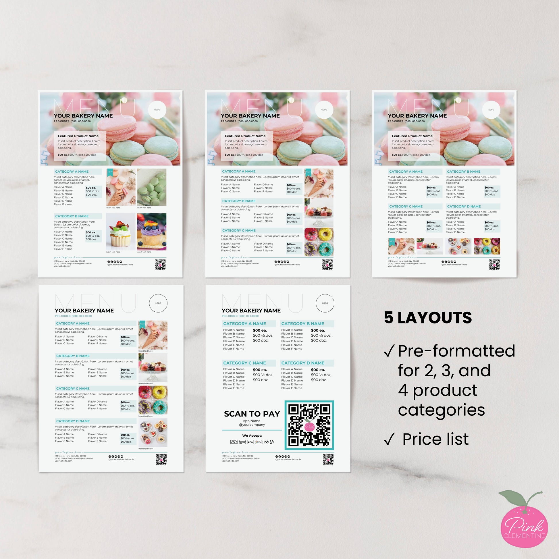 Bakery menus. 5 editable templates included: layouts organizing products into 2, 3 & 4 collections, price list.