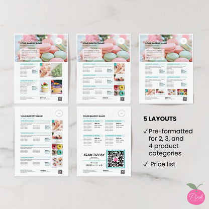 Bakery menus. 5 editable templates included: layouts organizing products into 2, 3 & 4 collections, price list.