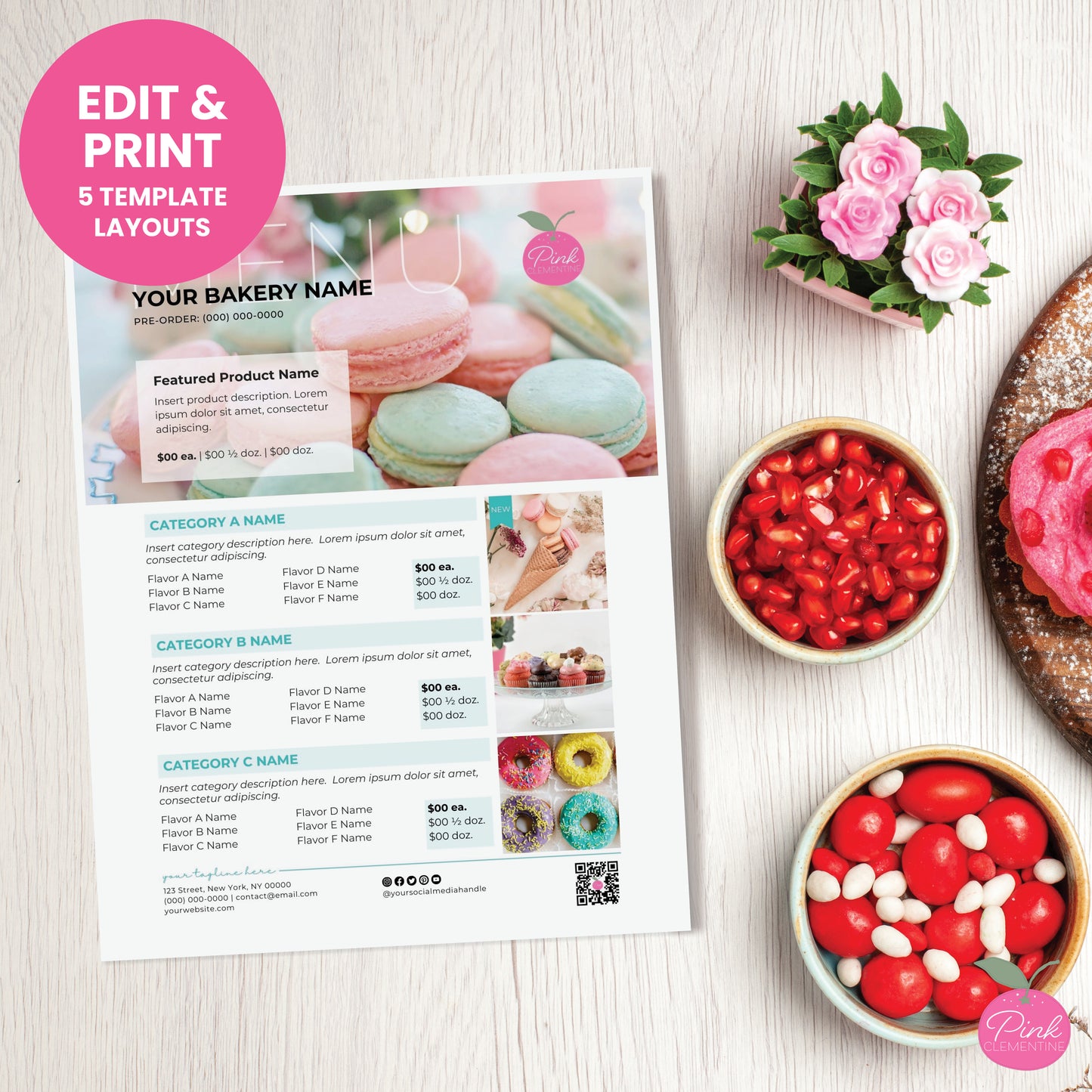 Bakery menu template organizing products by collection and flavors with editable fields for photos, description and pricing.