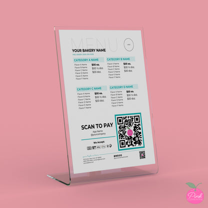 Editable bakery menu price list template that organizes offerings by collection with payment instruction below. 