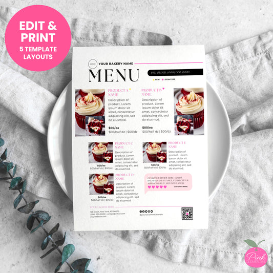 Bakery menu template in minimalist black design with editable fields for product images, name, description and price.