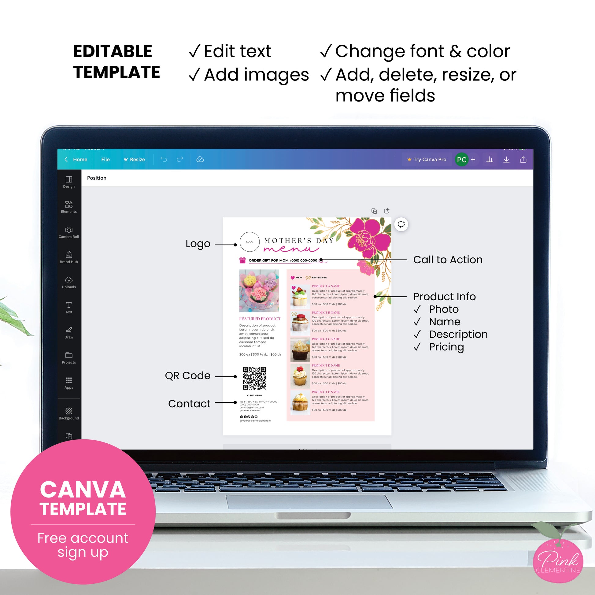 Bakery menu featuring pink and gold flowers design displayed as Canva template with editable fields indicated.