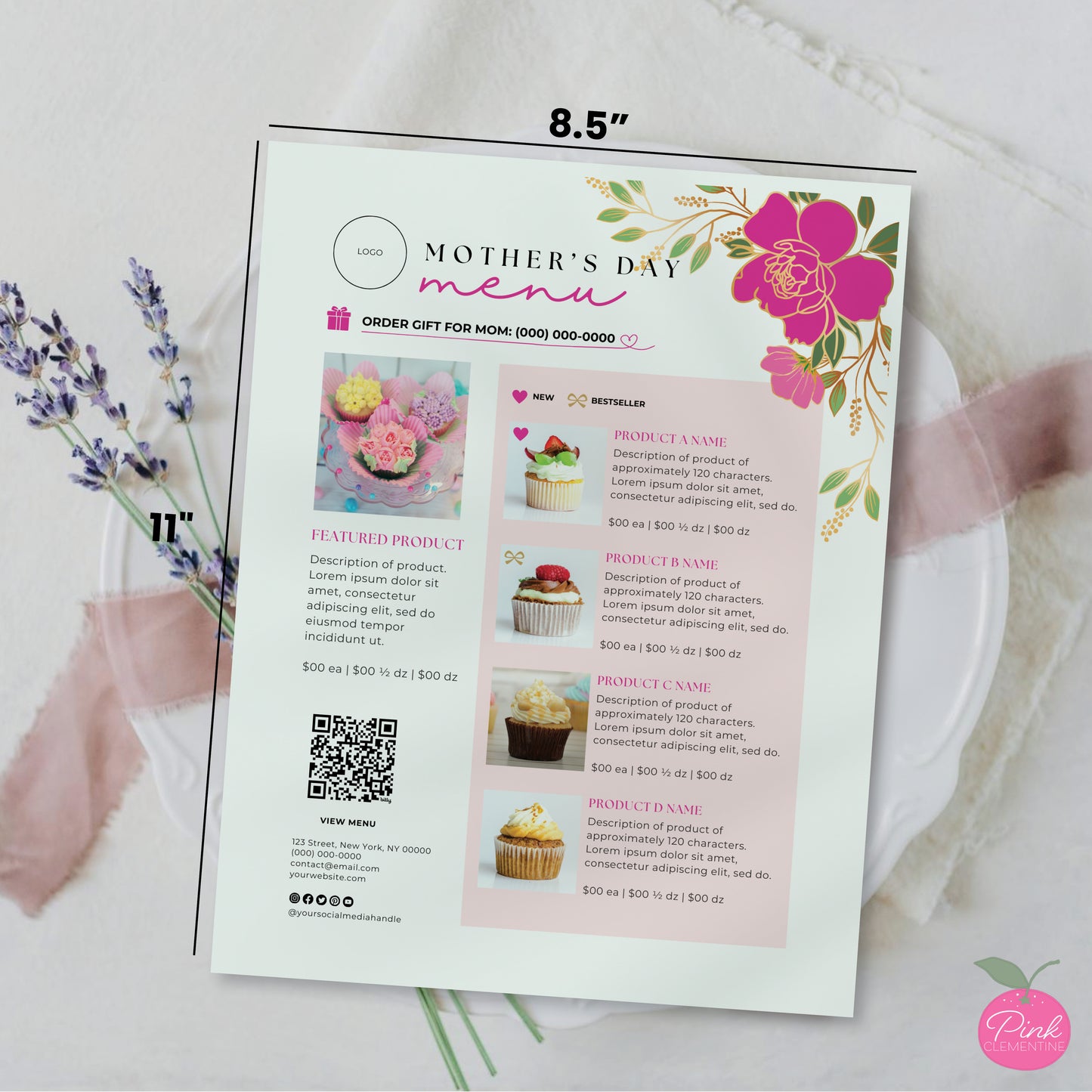 Editable bakery menu featuring pink flowers outlined in gold. 8.5"x11" template dimensions indicated. 