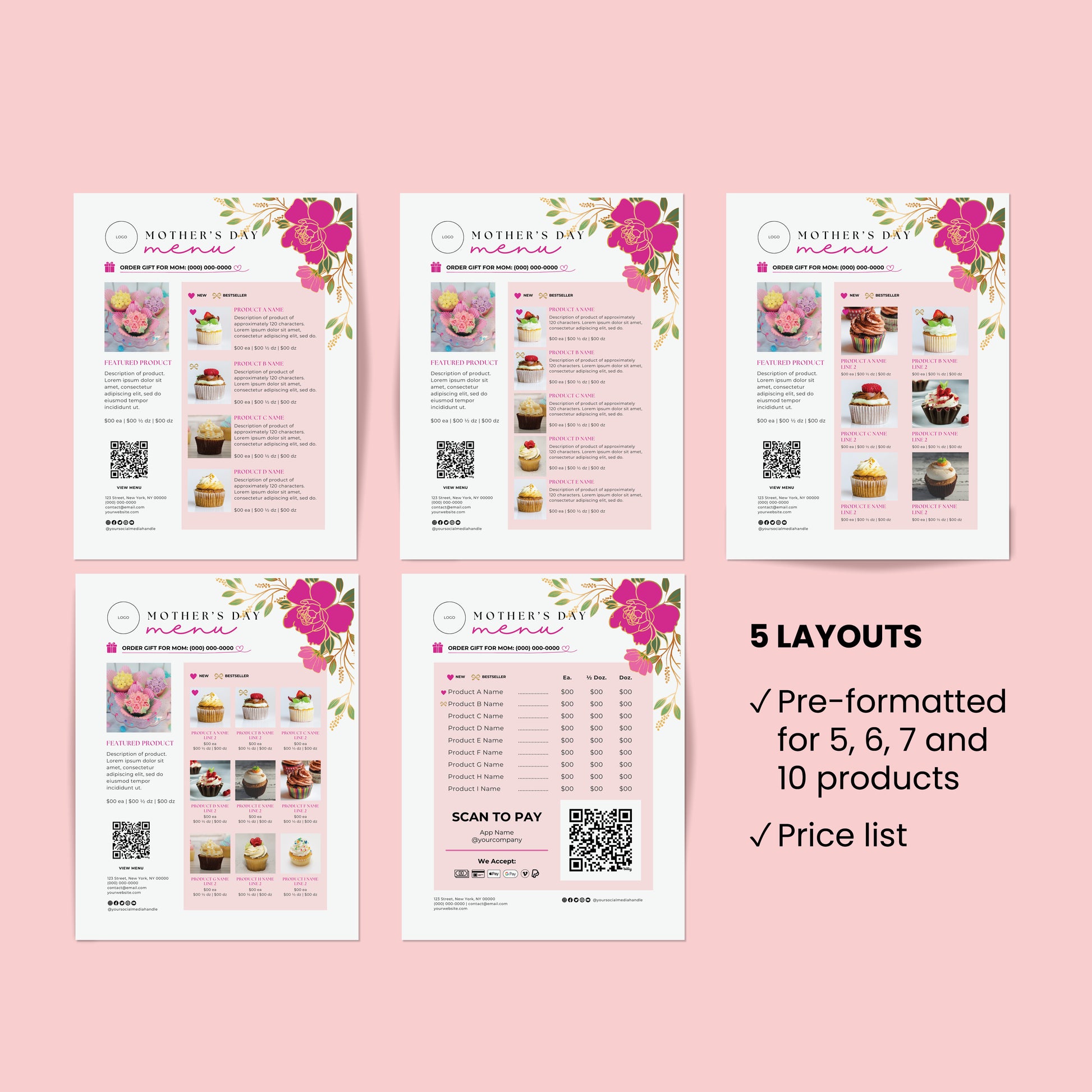 Bakery menus featuring pink and gold flowers. 5 editable templates included: layouts for 4, 6, 8 & 12 products, price list. 