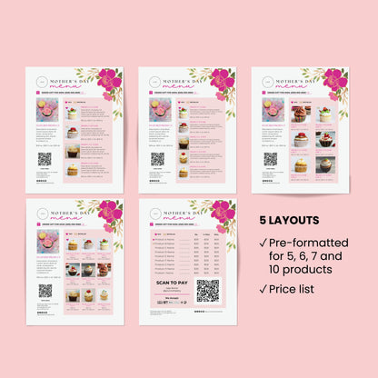 Bakery menus featuring pink and gold flowers. 5 editable templates included: layouts for 4, 6, 8 & 12 products, price list. 