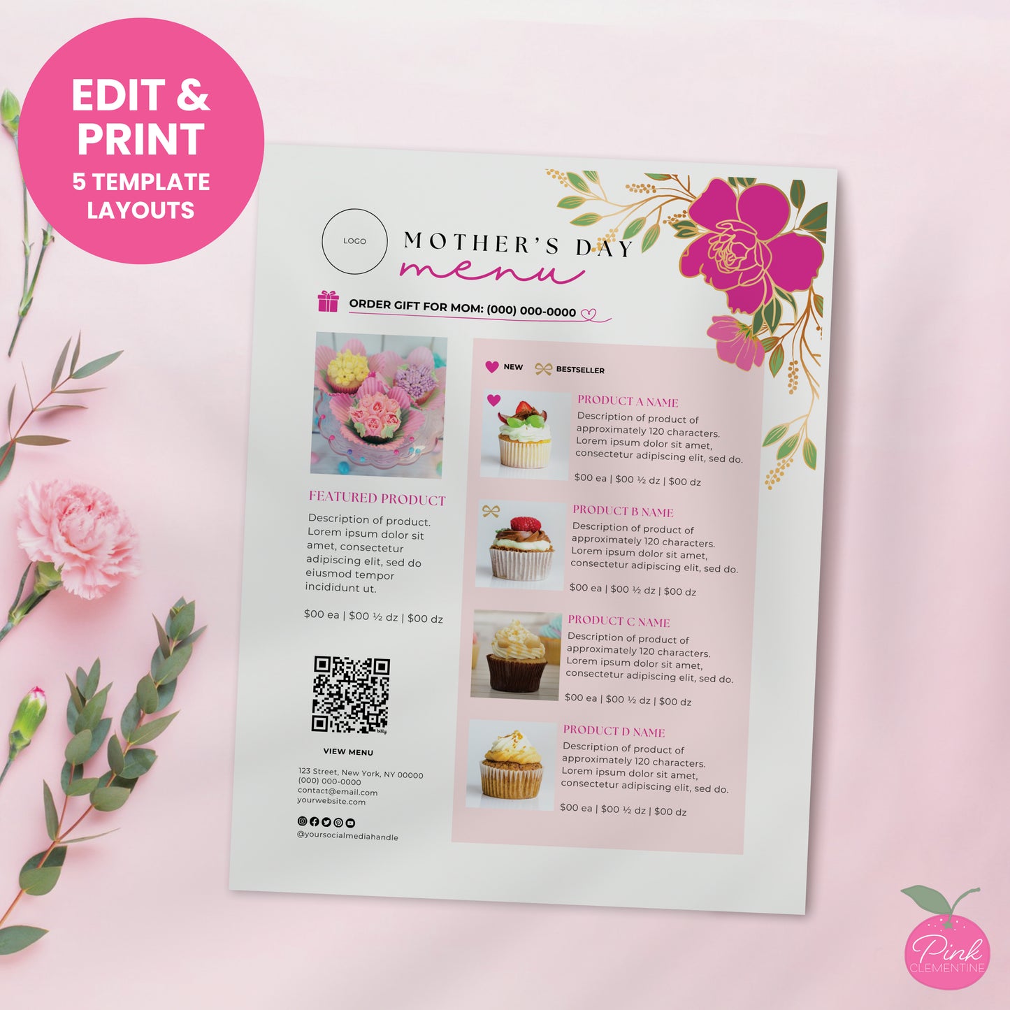 Bakery menu featuring pink flowers outlined in gold with editable fields for product name, photo, description and pricing.