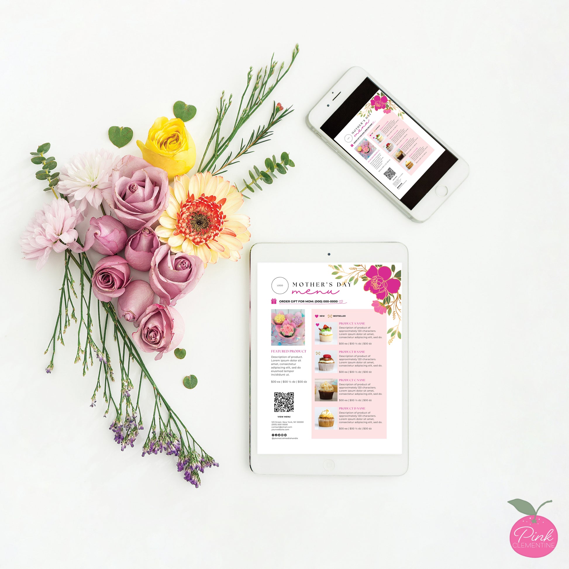 Bakery menu featuring pink and gold flowers displayed on phone and tablet.