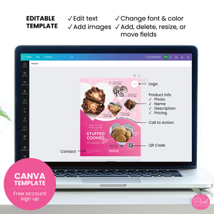 Bakery menu featuring doodles, heart-shaped photo frames displayed as Canva template with editable fields indicated.