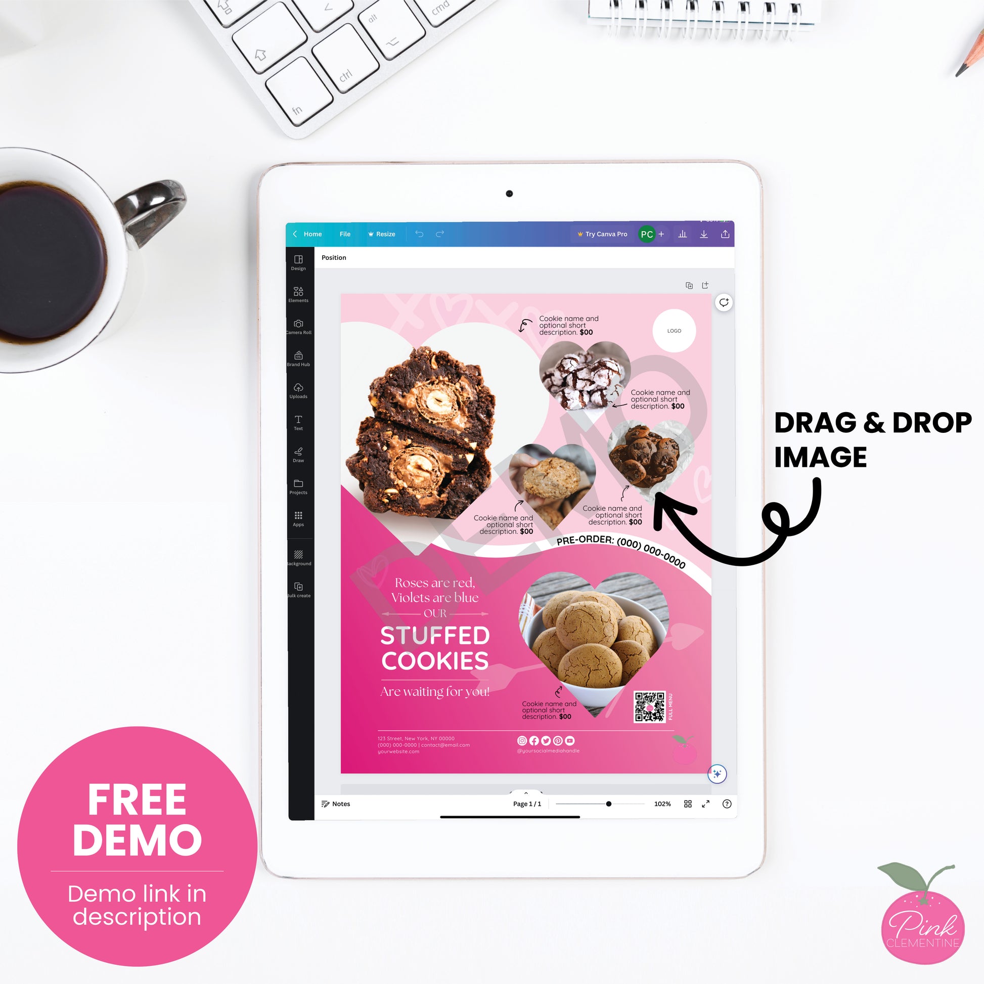 Bakery menu featuring heart-shaped frames displayed as free editable demo Canva template. Add photos via drag & drop.