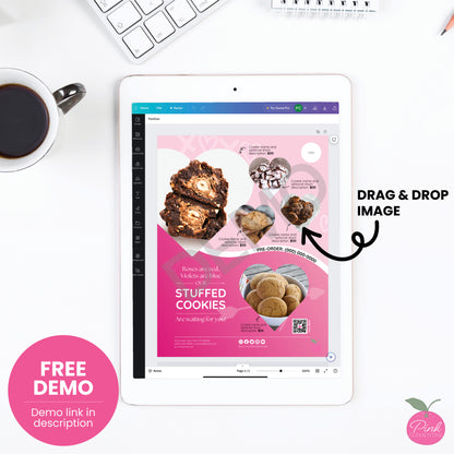 Bakery menu featuring heart-shaped frames displayed as free editable demo Canva template. Add photos via drag & drop.