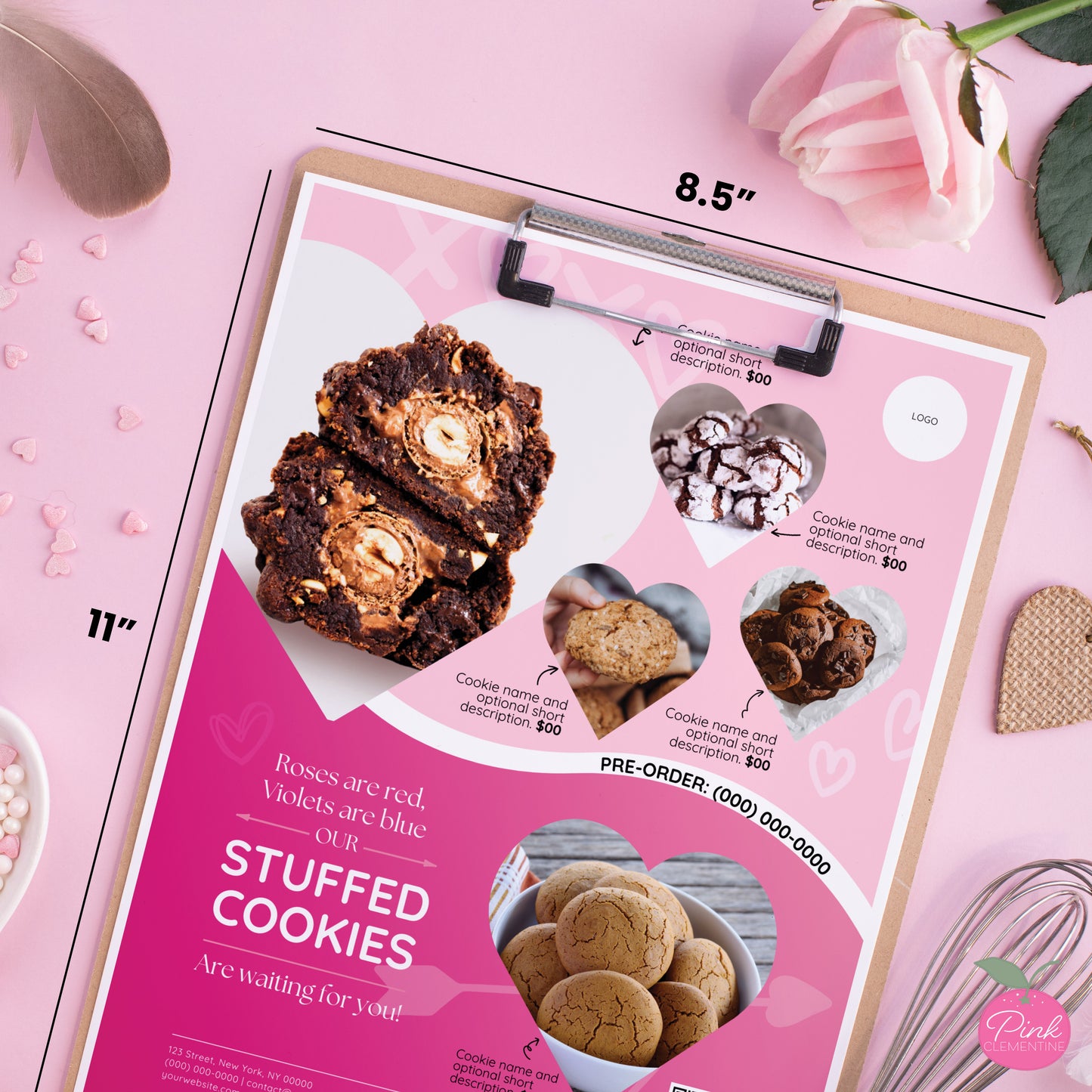 Editable bakery menu featuring doodles, heart-shaped photo frames. 8.5"x11" template dimensions indicated. 