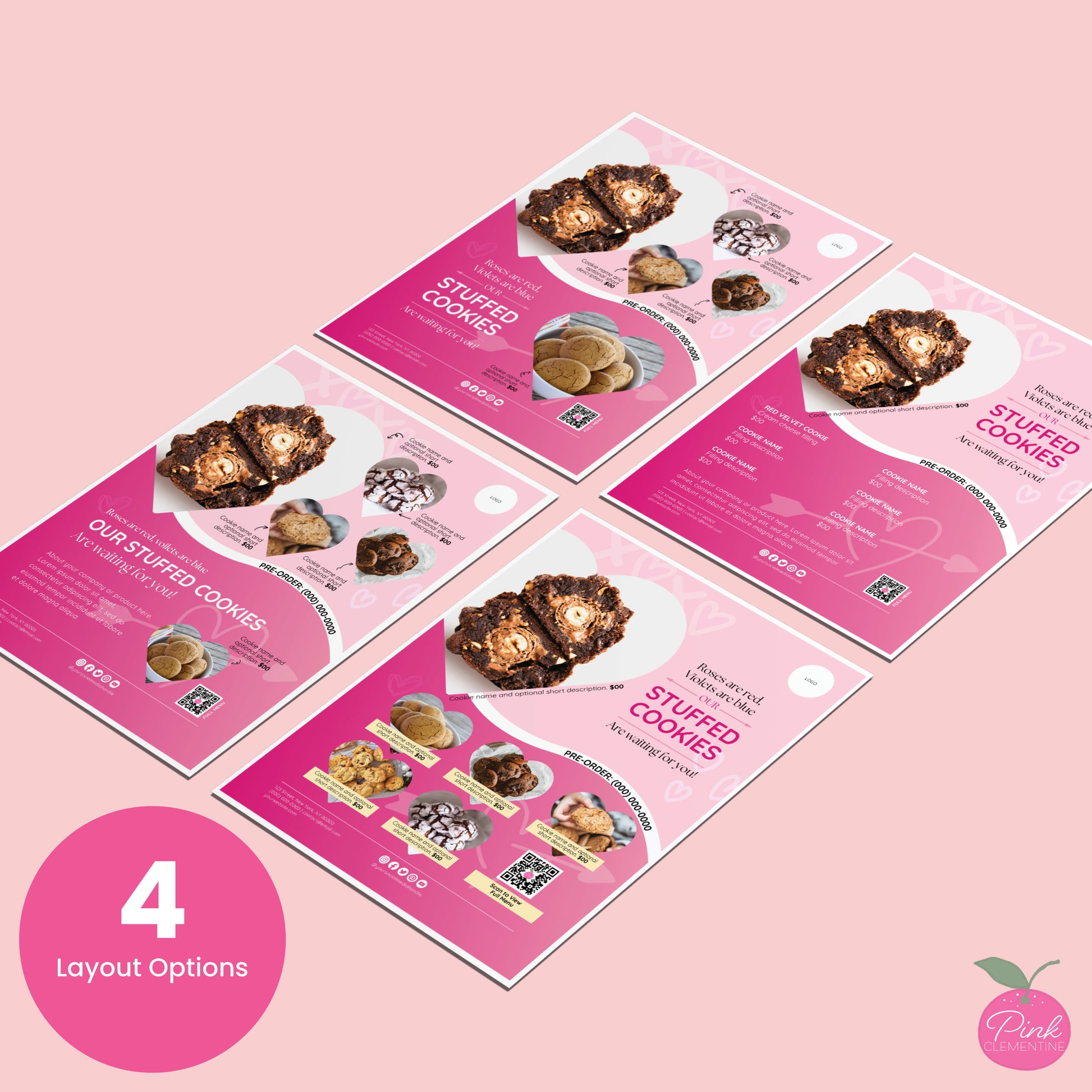 Bakery menu featuring doodles, heart-shaped photo frames. 4 editable templates included: layouts for 5 & 7 products