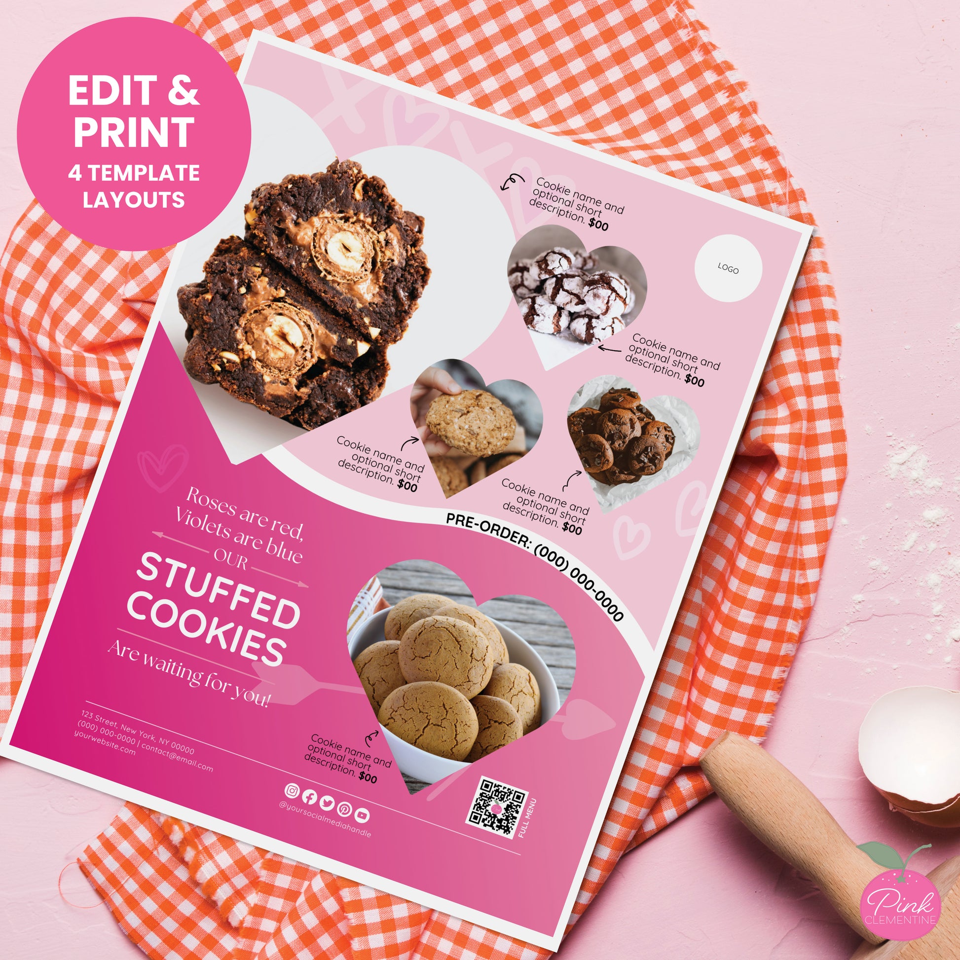 Bakery menu template featuring doodles, heart-shaped frames, editable fields for product name, photo, and price.