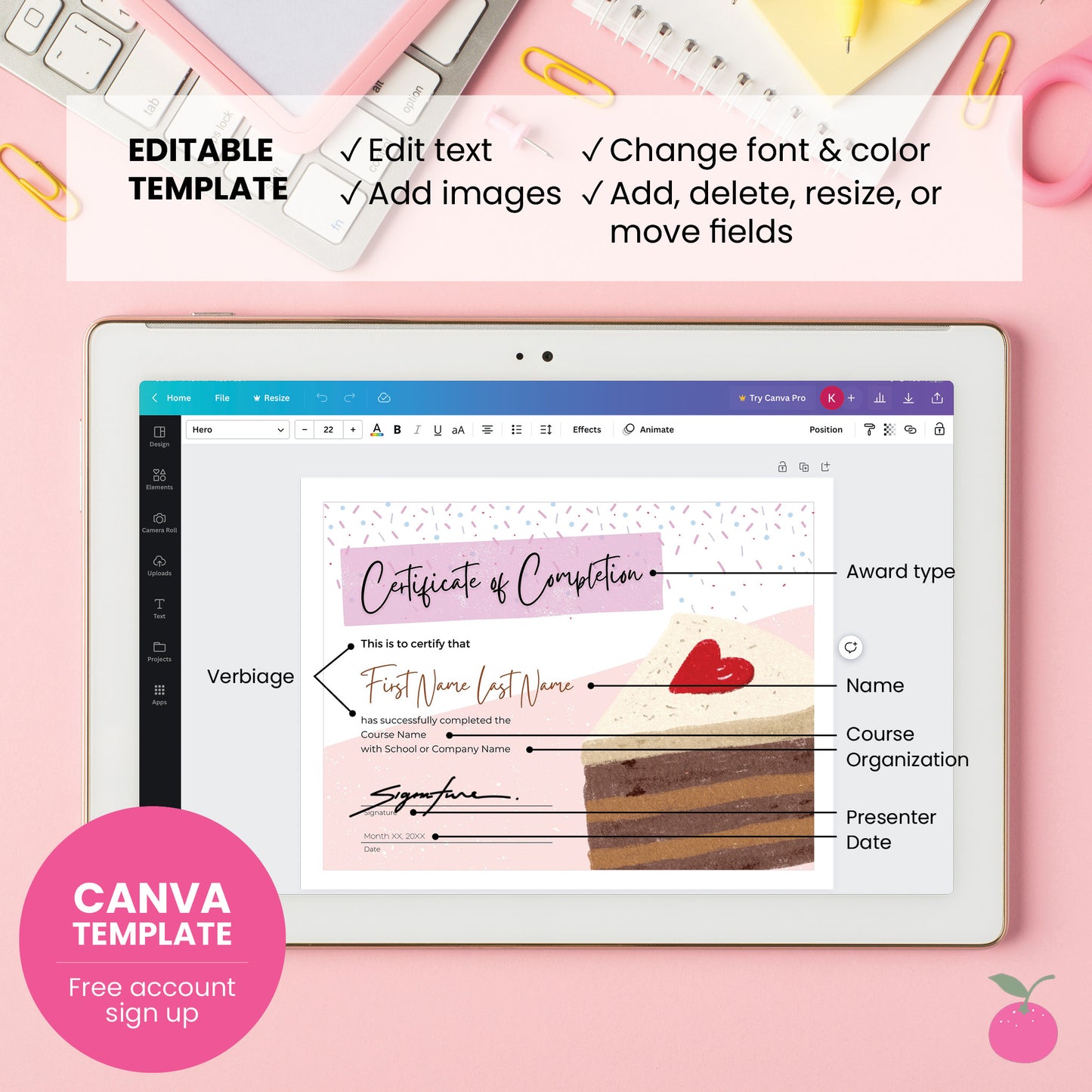 Certificate of completion award for baking courses featuring sprinkles and slice of chocolate cake displayed as Canva template with editable fields indicated.