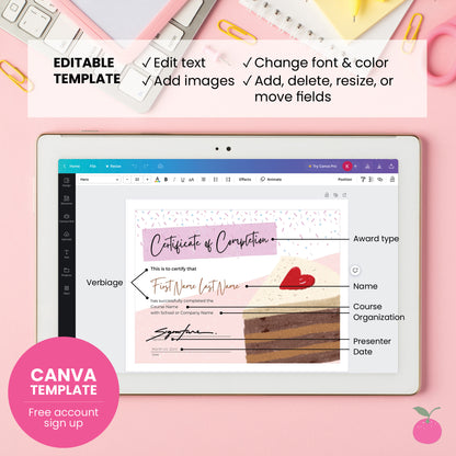 Certificate of completion award for baking courses featuring sprinkles and slice of chocolate cake displayed as Canva template with editable fields indicated.