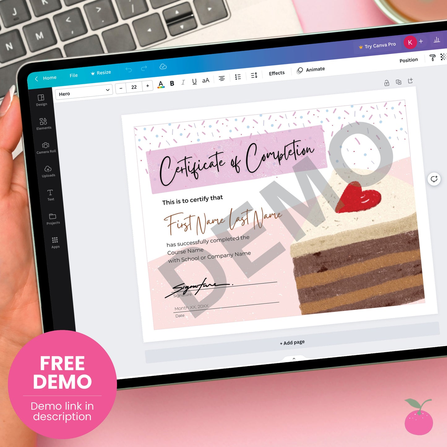 Certificate of completion award for baking courses featuring sprinkles and slice of chocolate cake displayed as free editable demo Canva template. 