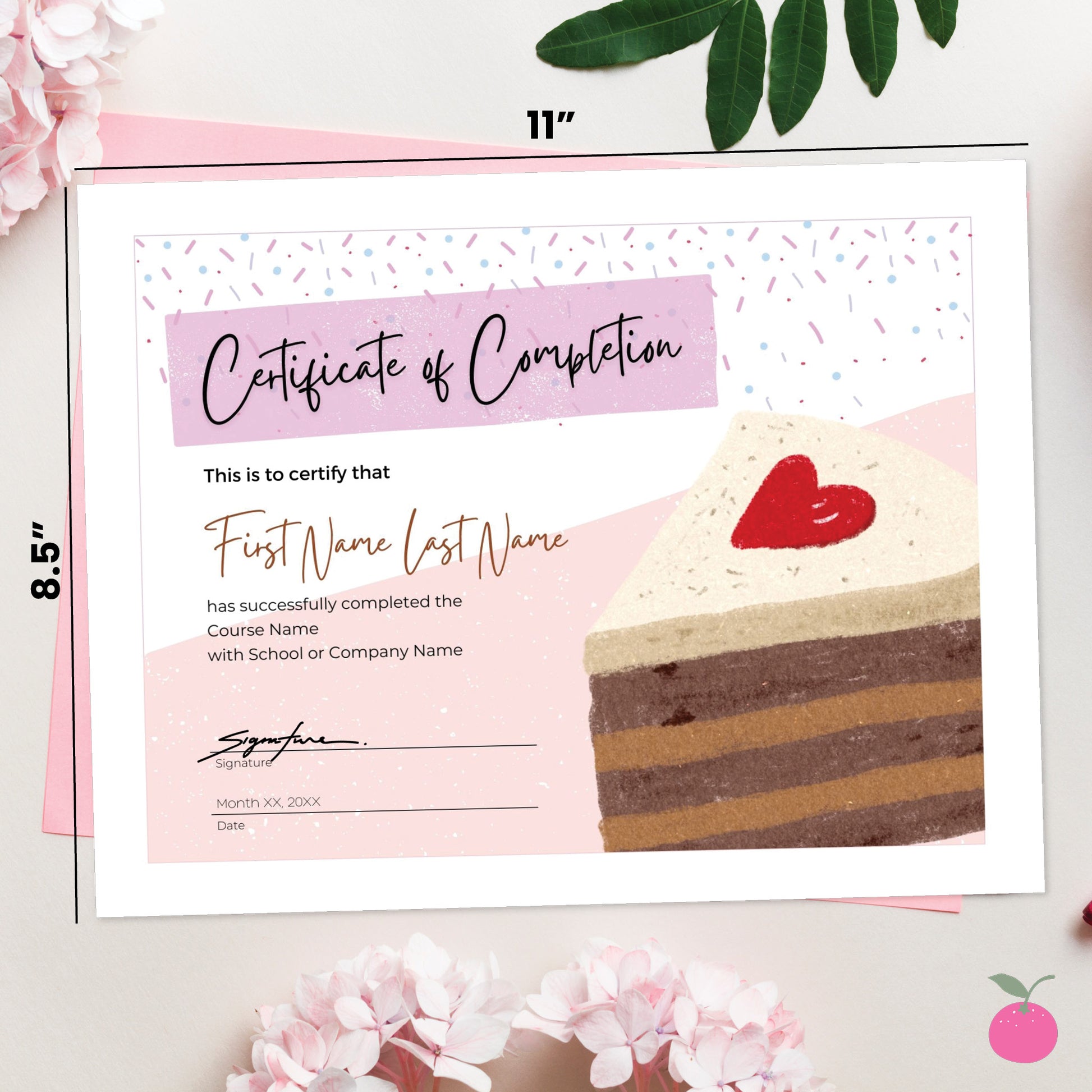 Certificate of completion award for baking courses featuring sprinkles and slice of chocolate cake. 8.5"x11" template dimensions indicated. 