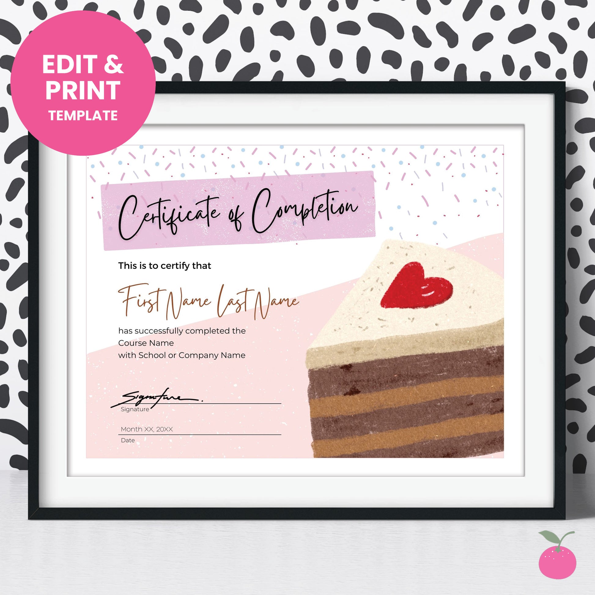 Editable certificate of completion award for baking courses featuring sprinkles and slice of chocolate cake.