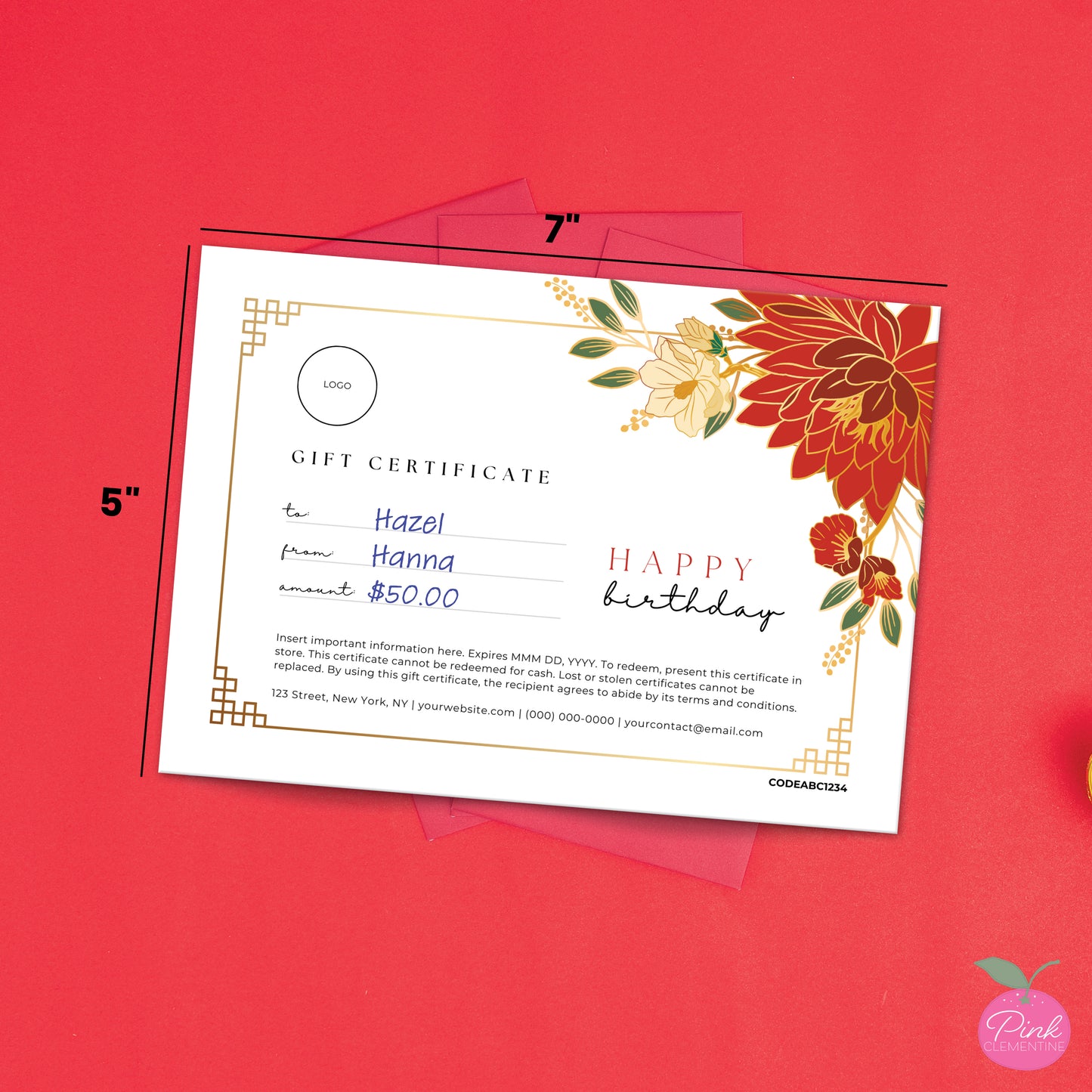 Editable bakery gift card featuring red chrysanthemums outline in gold designs. 5"x7" template dimensions indicated. 