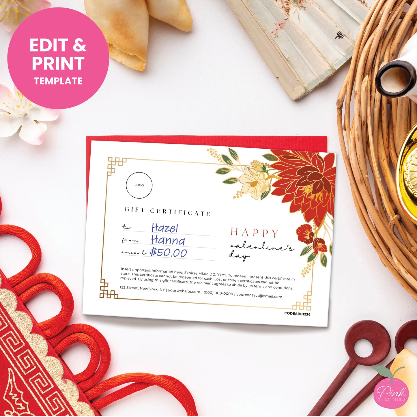 Bakery gift card template featuring red chrysanthemums outline in gold with editable fields for gifting and redemption info.