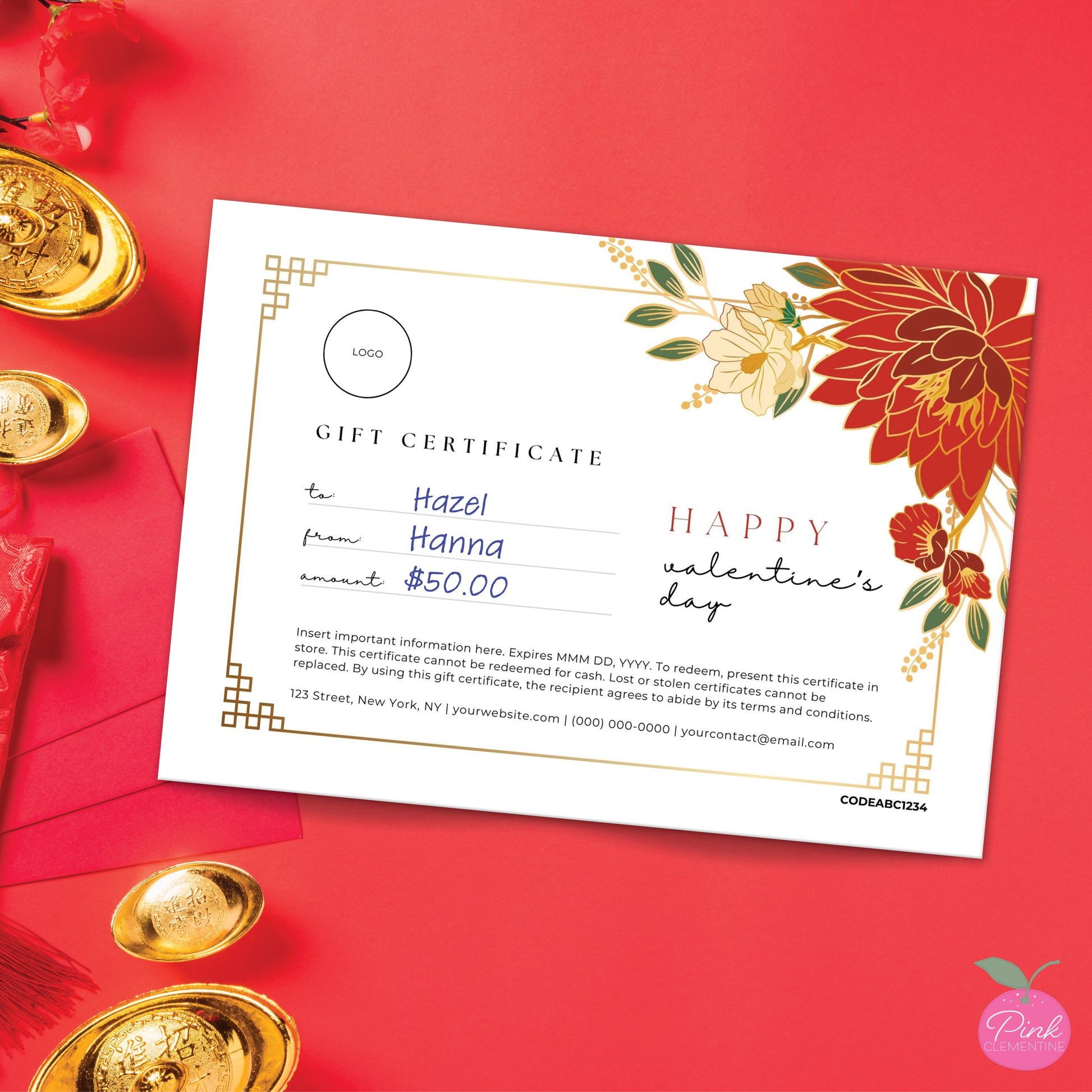 Bakery gift card template featuring red chrysanthemums outline in gold. Message field customized with "Happy Valentine's Day".