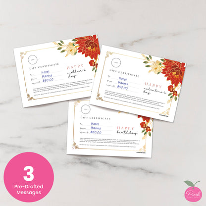 Bakery gift card featuring red chrysanthemums outline in gold. Three editable templates included with pre-drafted messages.