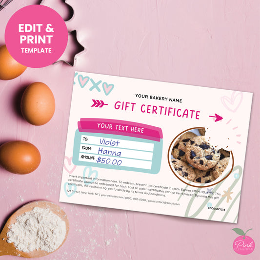 Bakery gift card template featuring doodles with editable fields for photo in cookie bitten frame, gifting & redemption info.