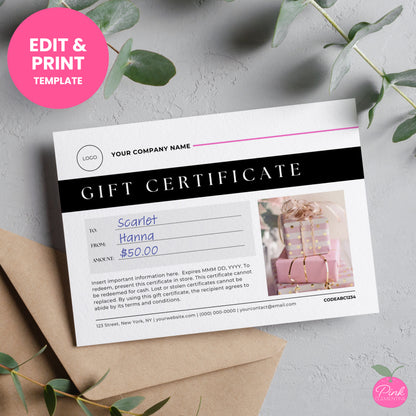 Editable gift card template in minimalist black design with fields photo, gifting info, redemption terms, and business info.