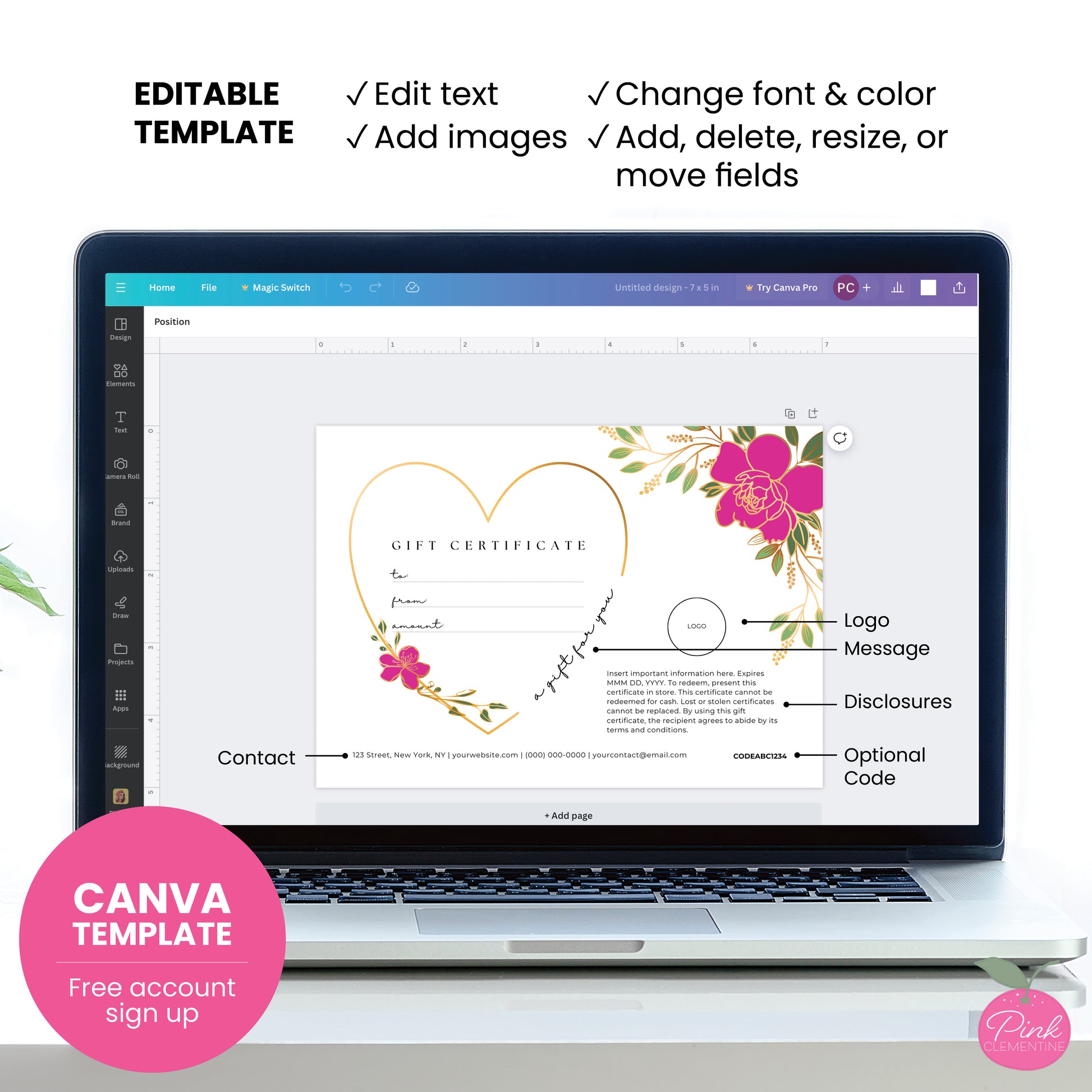 Bakery gift card featuring pink and gold flower design displayed as Canva template with editable fields indicated.