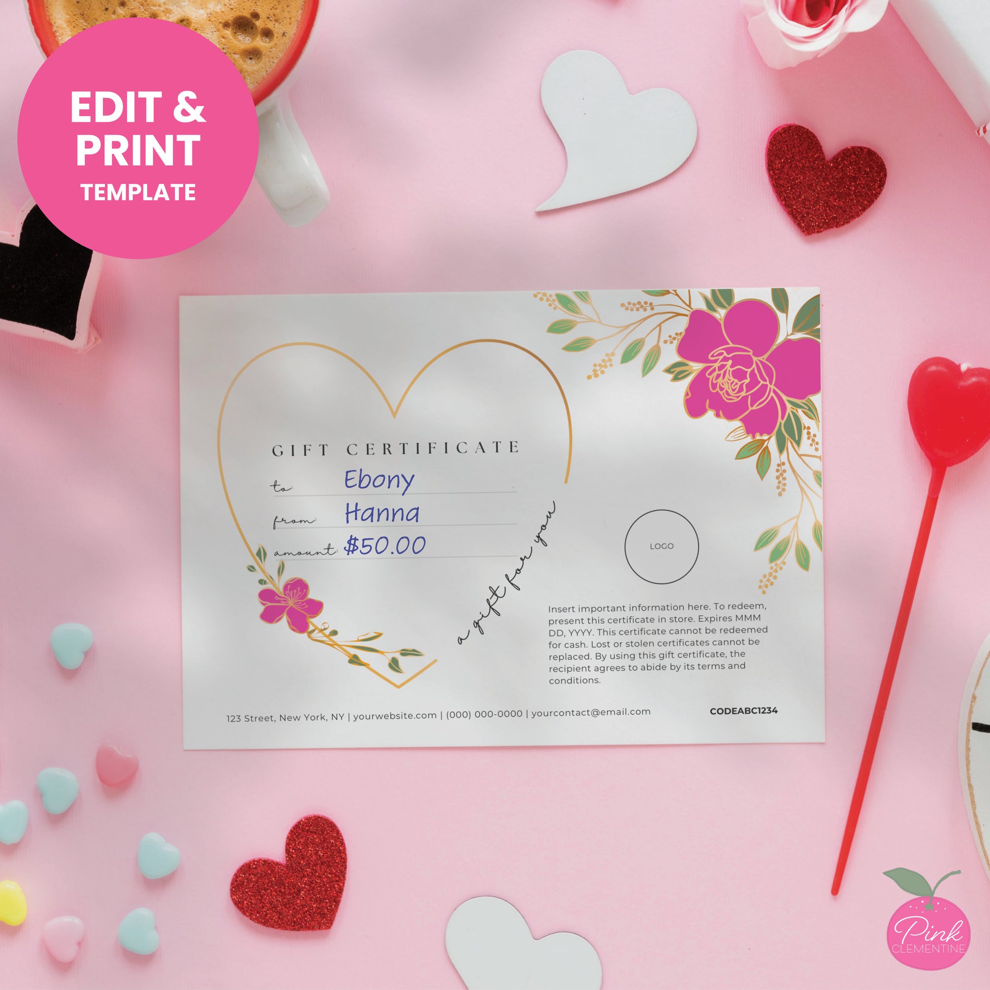 Bakery gift card template featuring pink flowers outlined in gold with editable fields for gifting and redemption info.