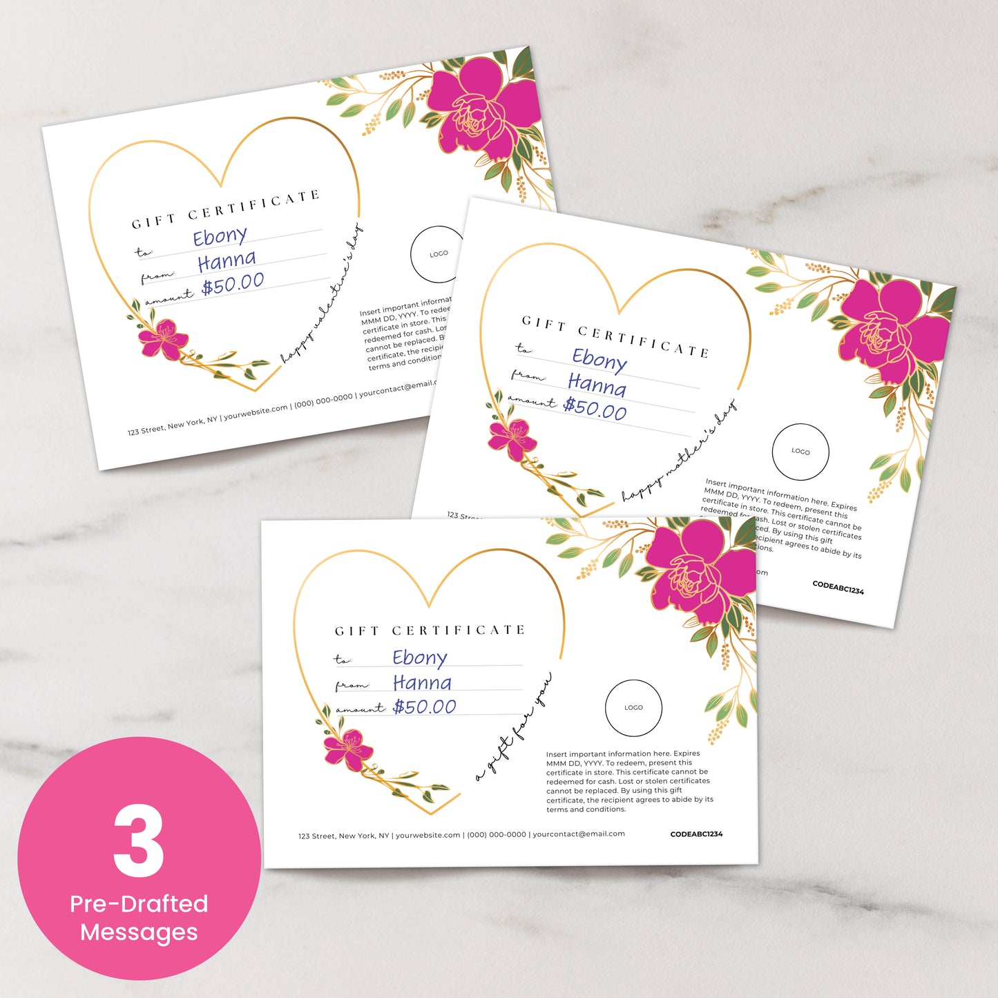 Bakery gift card featuring pink gold flowers. Three editable templates included with pre-drafted messages.