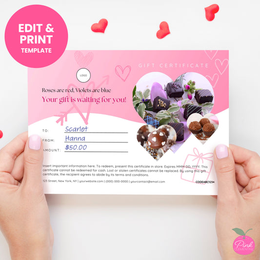 Bakery gift card template featuring doodles, heart-shaped photo frames,  editable fields for gifting and redemption info.