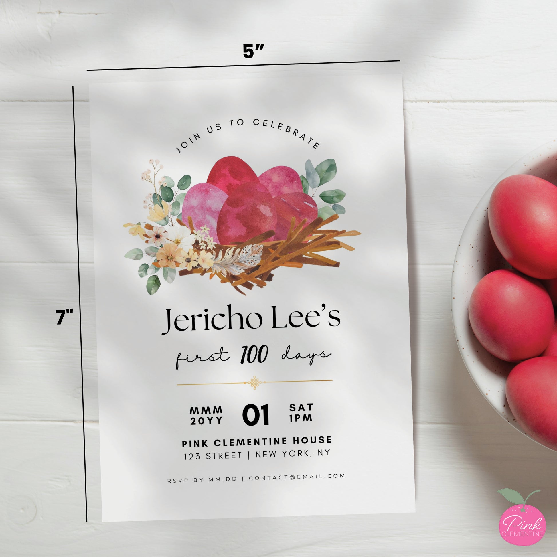 Red egg and ginger baby shower editable invitation template. Design features boho-style bird nest with red eggs. 5"x7" dimensions indicated.