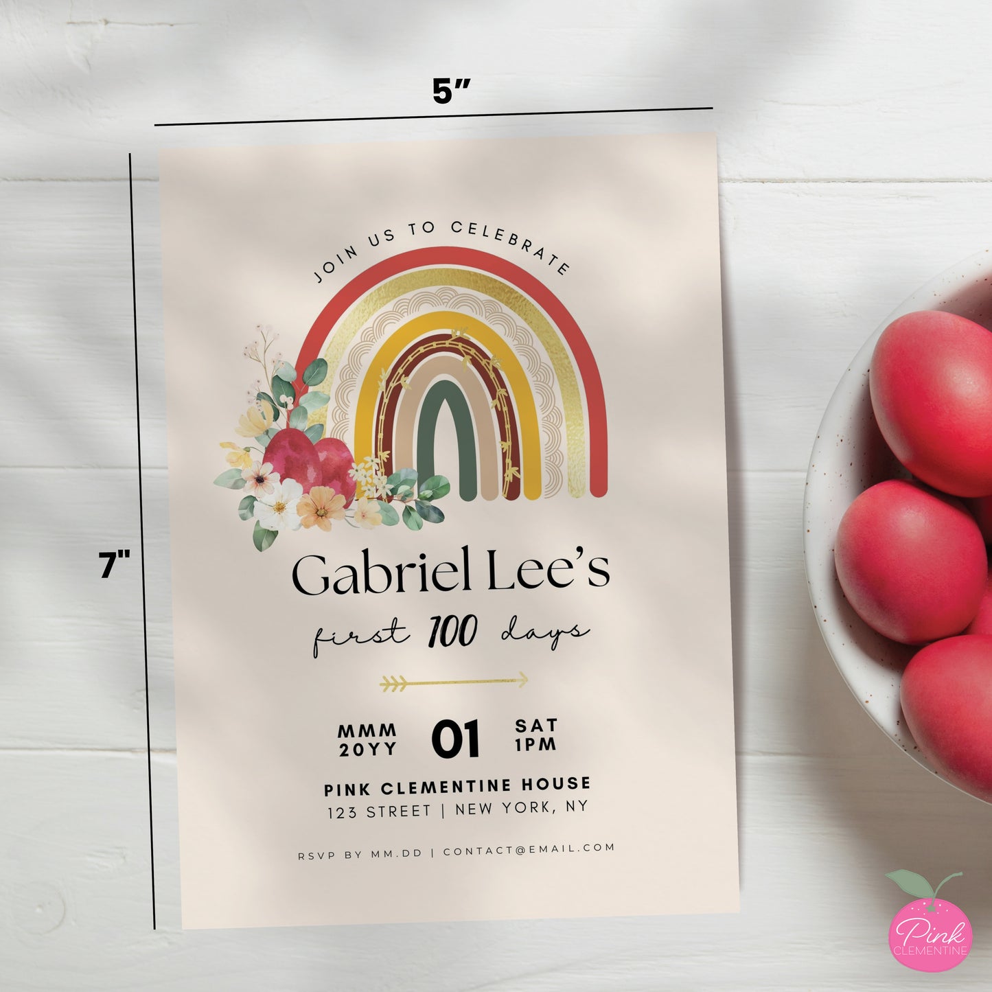 Red egg and ginger baby shower editable invitation template. Design features red egg against boho rainbow with faux gold accents. 5"x7" dimensions indicated.