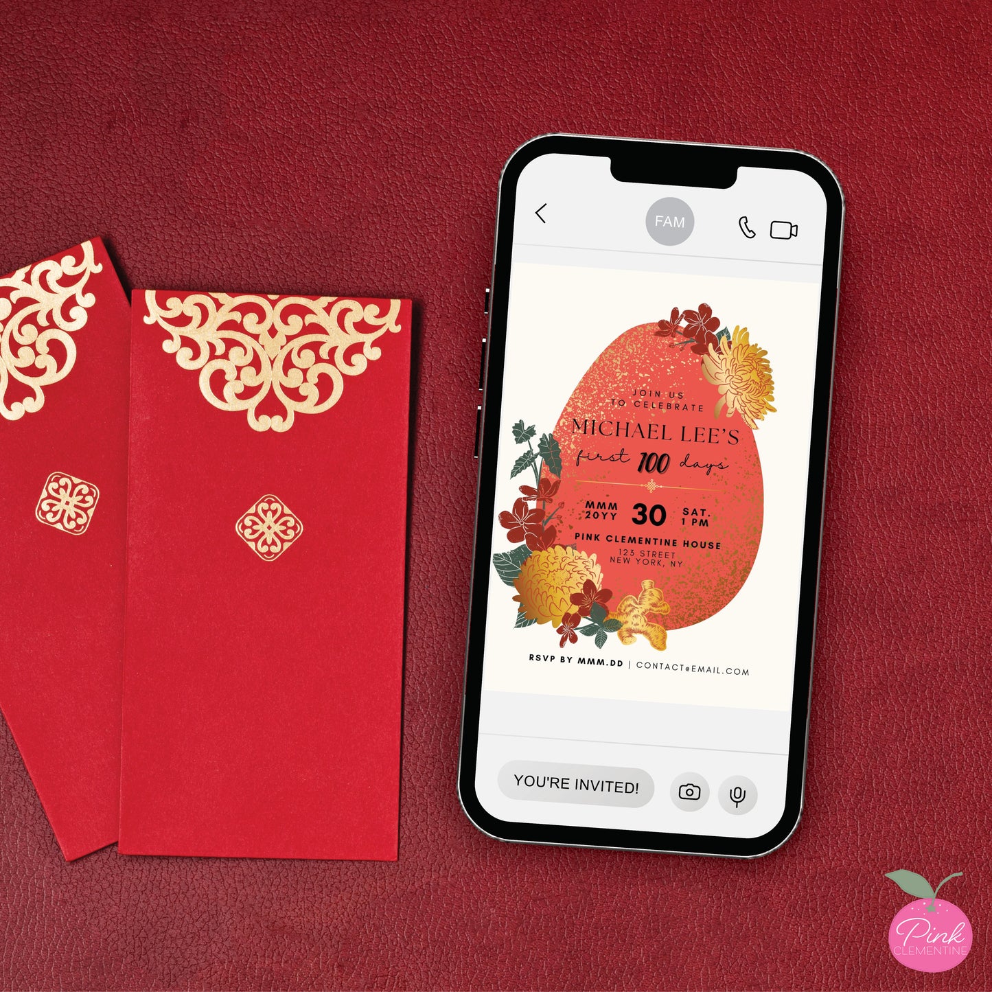 Red egg and ginger baby shower invitation displayed on a phone. Editable template features red egg adorned with large chrysanthemums in faux gold.