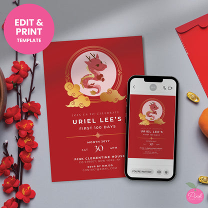 Red egg and ginger baby shower editable invitation template. Design features red baby dragon in gold circle wrapped and faux gold clouds. 